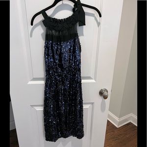 Navy and black sequined dress with bow tie top cinched waist worn once for NYE